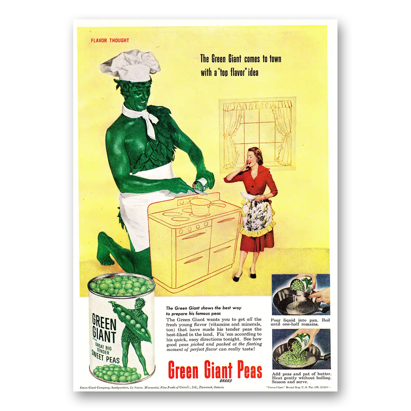 1952 Green Giant Peas Comes to Town with a Top Flavor Vintage Magazine Print Ad