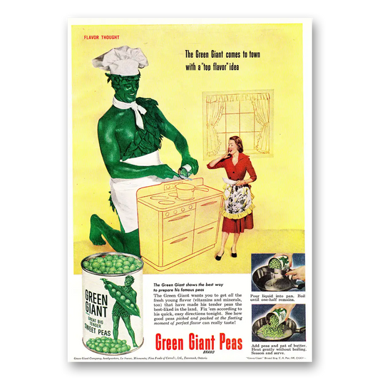 1952 Green Giant Peas Comes to Town with a Top Flavor Vintage Magazine Print Ad