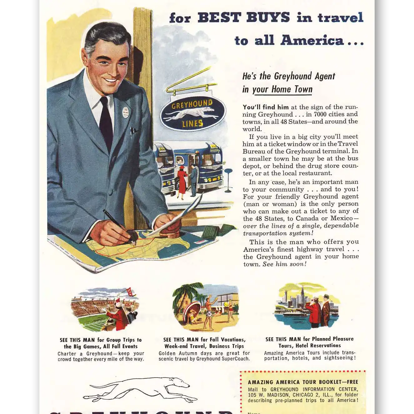 1952 Greyhound See This Man Vintage Magazine Print Ad