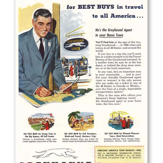 1952 Greyhound See This Man Vintage Magazine Print Ad