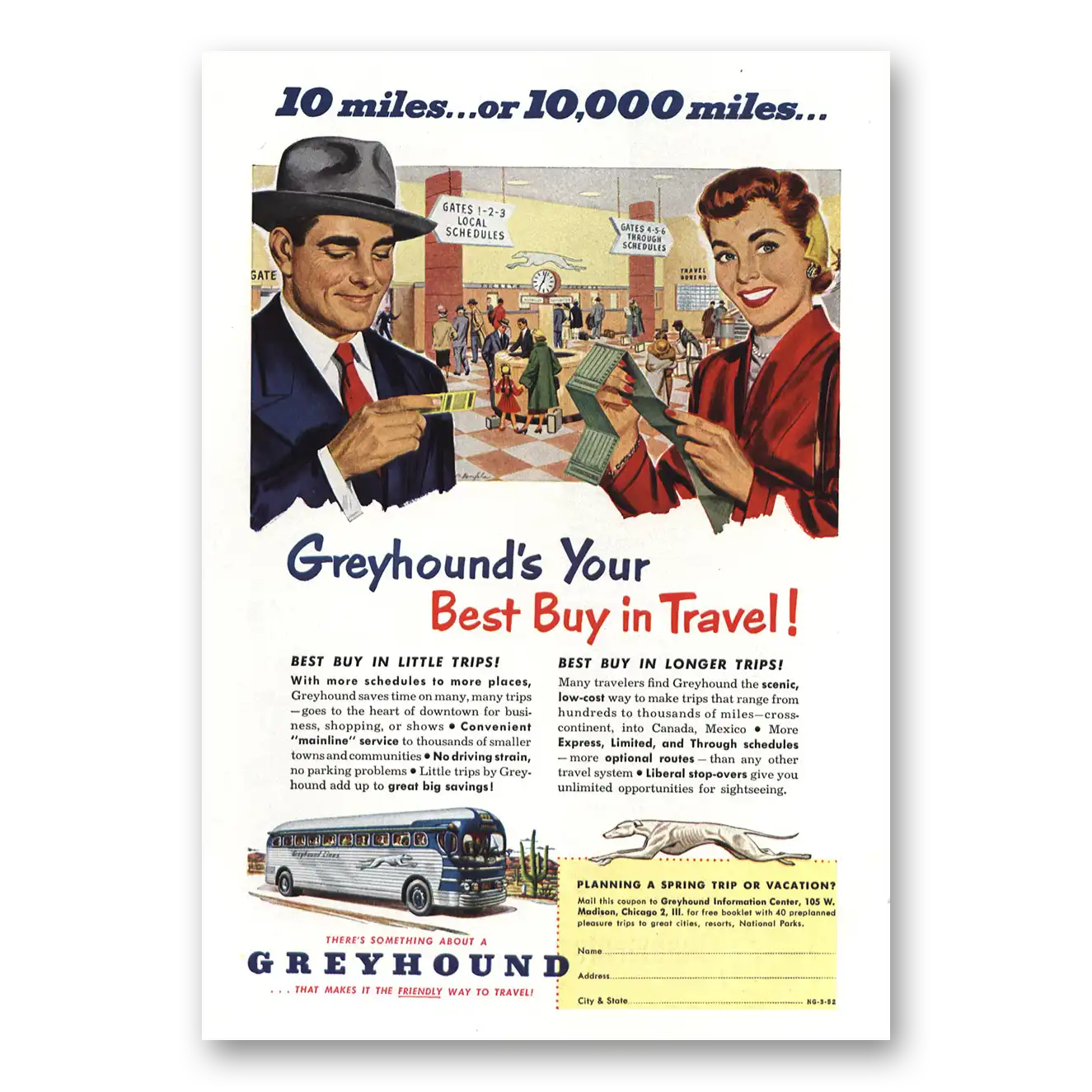 1952 Greyhound 10 miles or 10000 miles Vintage Magazine Print Ad