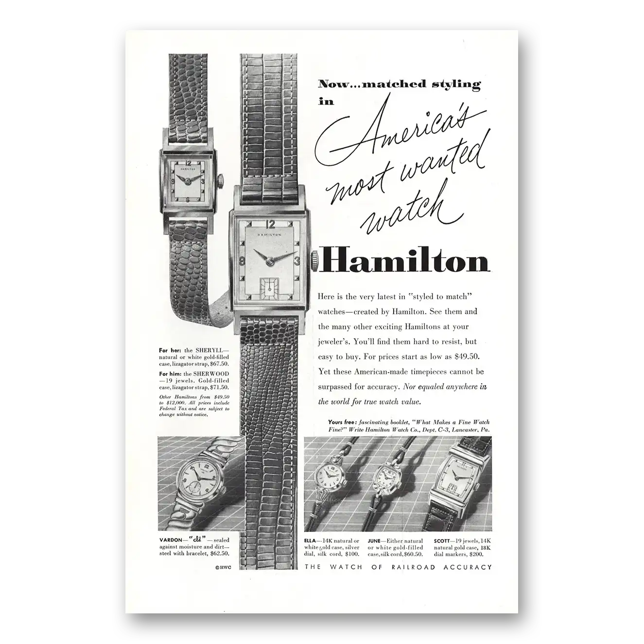 1952 Hamilton Watch Americas Most Wanted Watch Vintage Magazine Print Ad