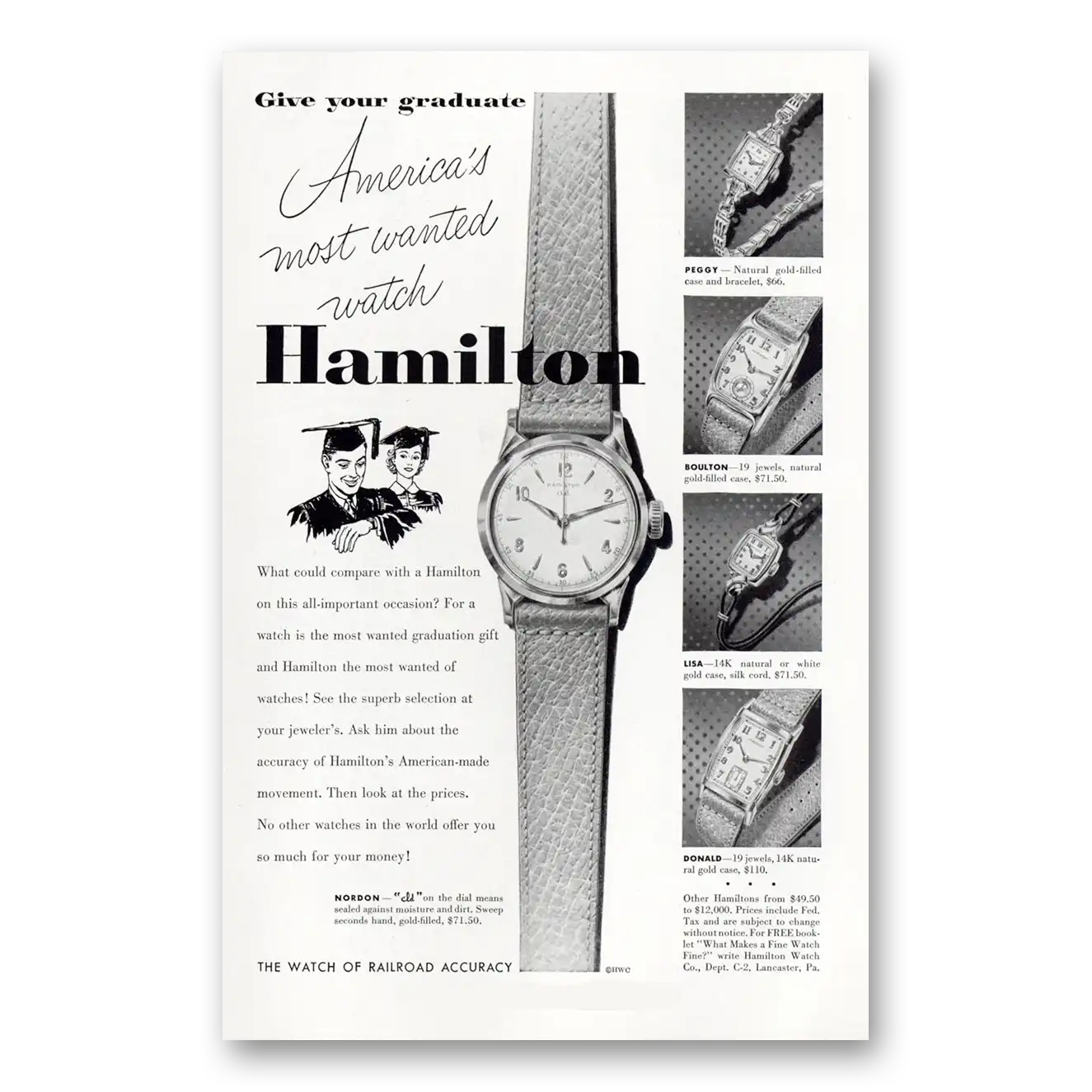 1952 Hamilton Watch Give Your Graduate America's Most Wanted Watch Vintage Magazine Print Ad