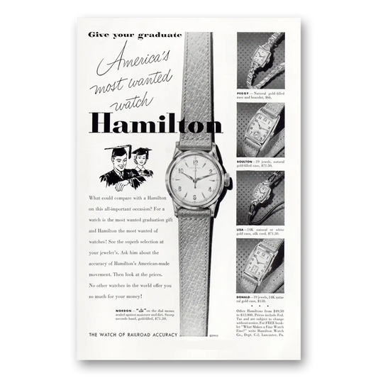 1952 Hamilton Watch Give Your Graduate America's Most Wanted Watch Vintage Magazine Print Ad