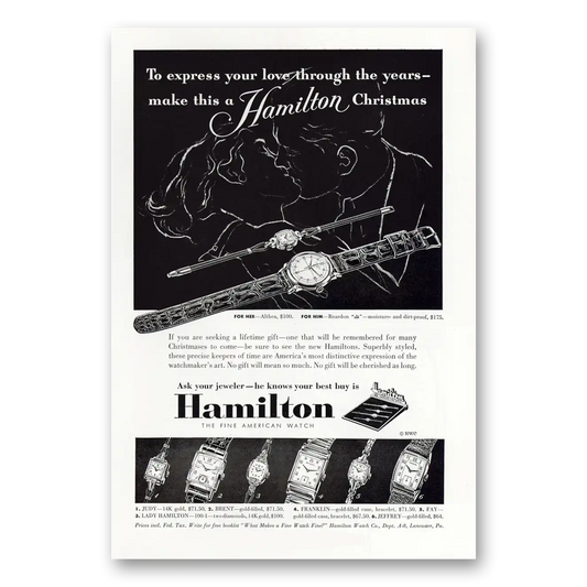 1952 Hamilton Watch Express Your Love Through the Years Christmas Vintage Magazine Print Ad