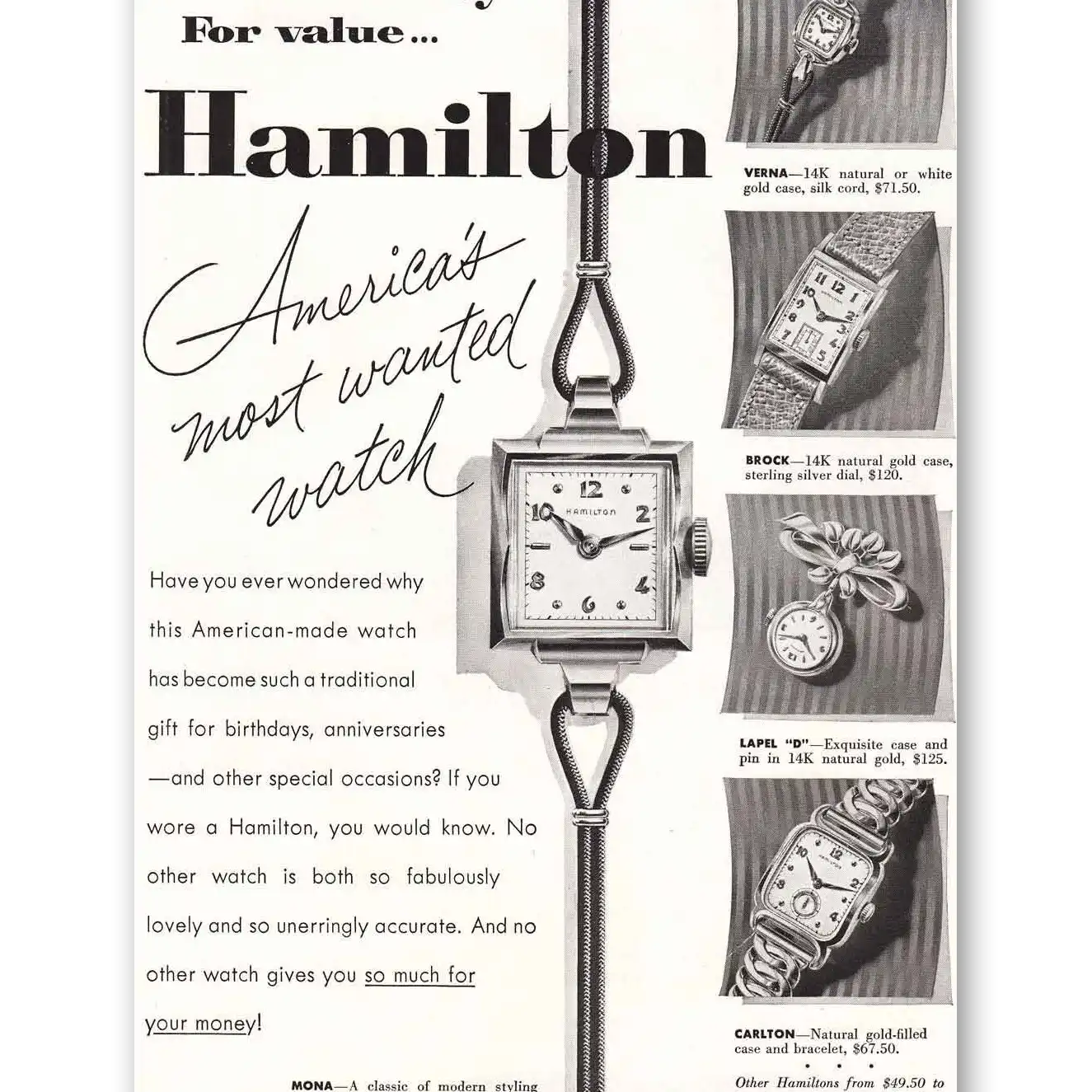 1952 Hamilton Watch Americas Most Wanted Watch Vintage Magazine Print Ad