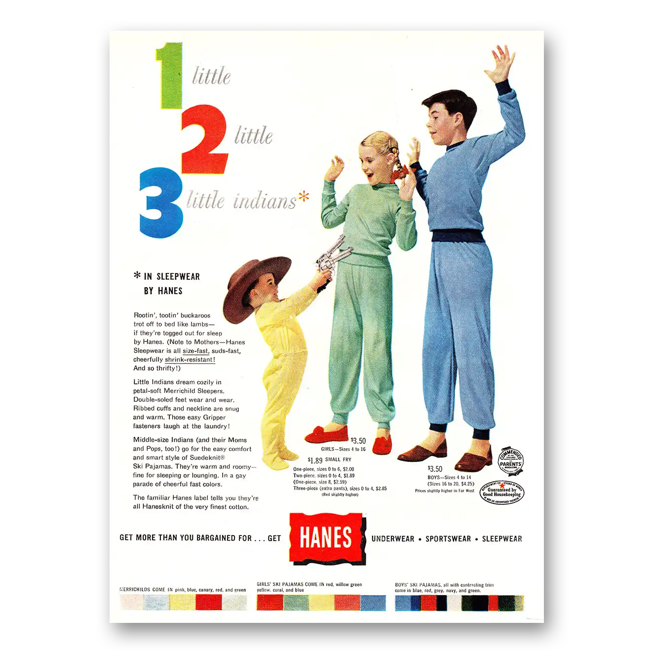 1952 Hanes Sleepwear Little Indians Vintage Magazine Print Ad