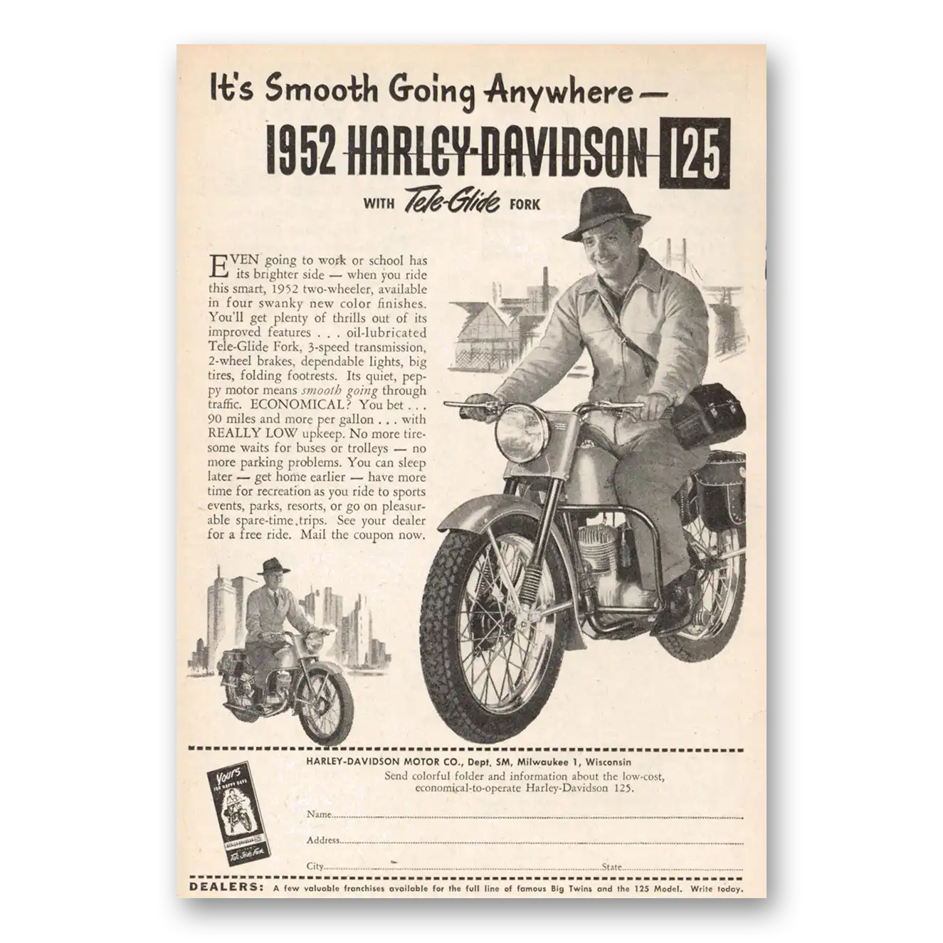 1952 Harley Davidson 125 Smooth Going Anywhere Vintage Magazine Print Ad