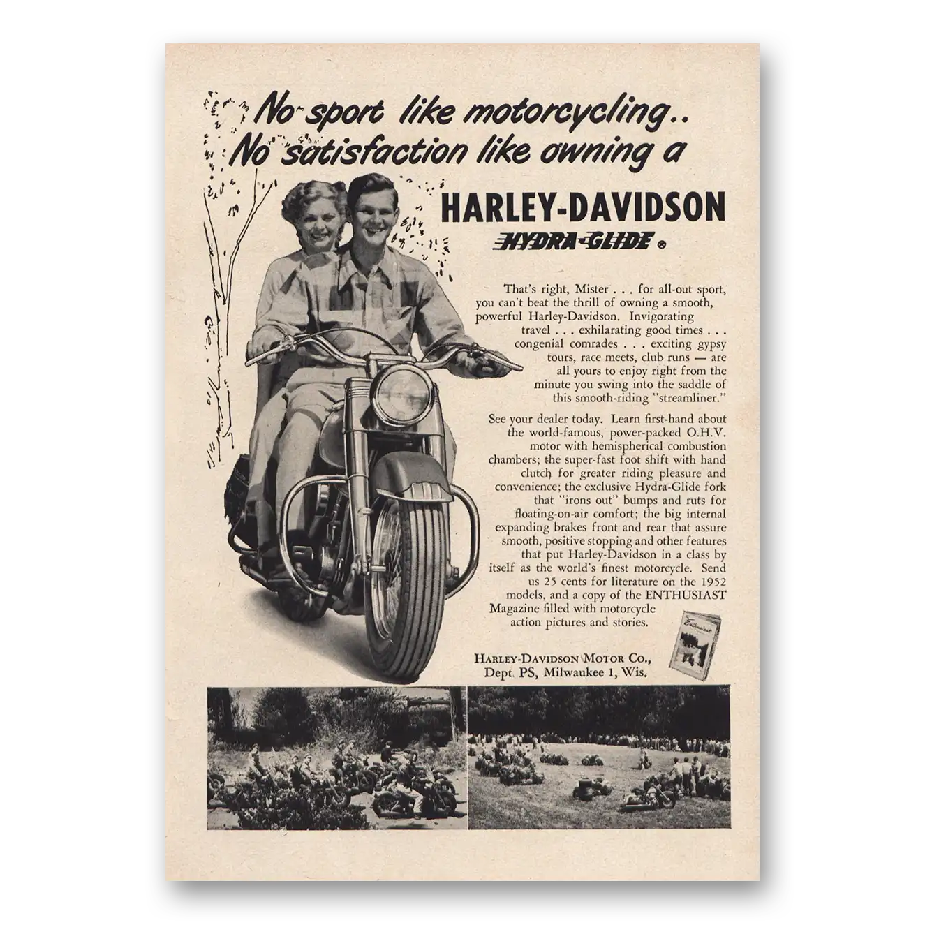 1952 Harley Davidson No Sport Like Motorcycling Vintage Magazine Print Ad