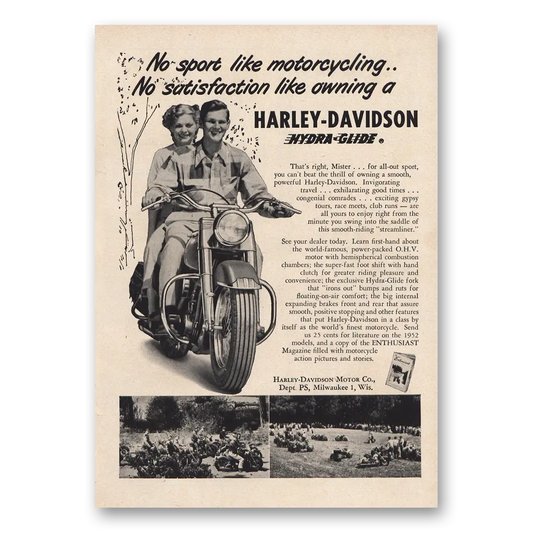 1952 Harley Davidson No Sport Like Motorcycling Vintage Magazine Print Ad