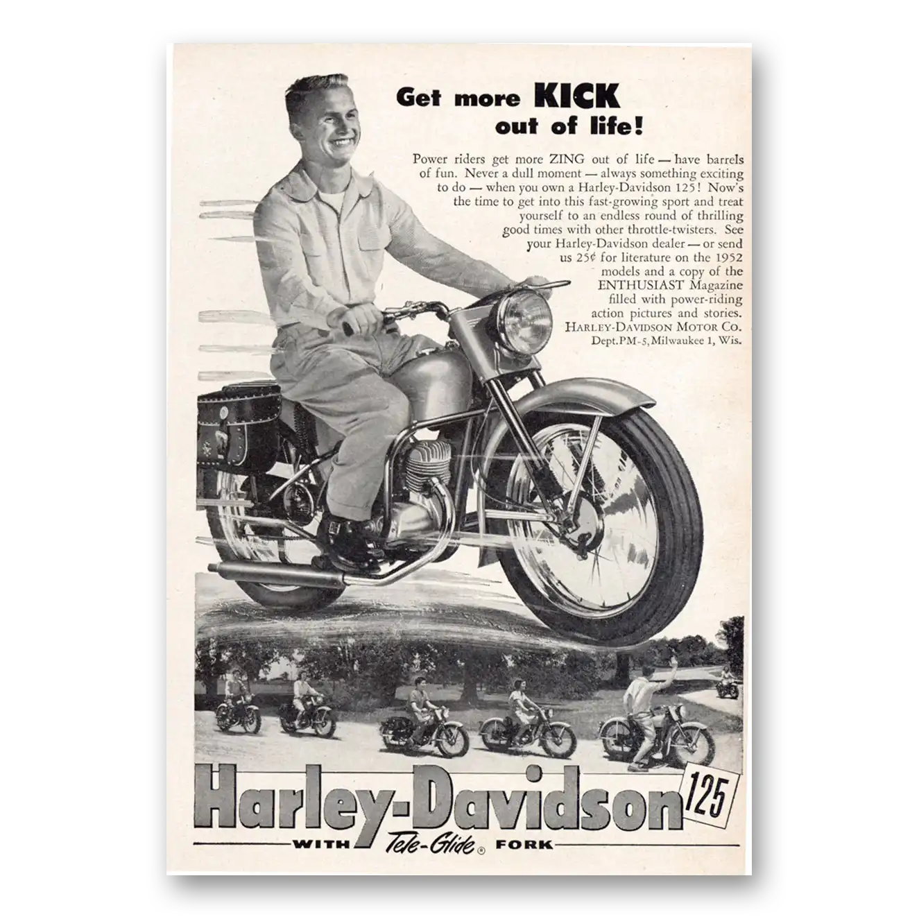 1952 Harley Davidson 125 Get More Kick Out of Life Vintage Magazine Print Ad