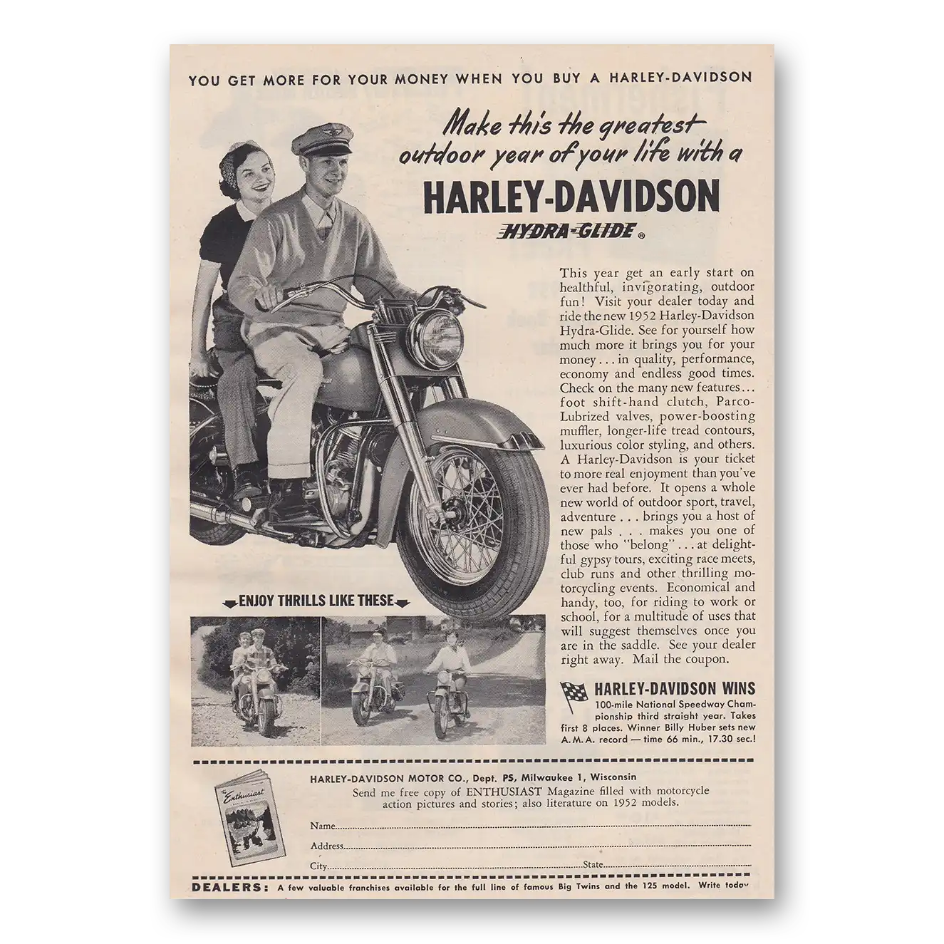 1952 Harley Davidson Hydra Glide Greatest Outdoor Year of Your Life Vintage Magazine Print Ad