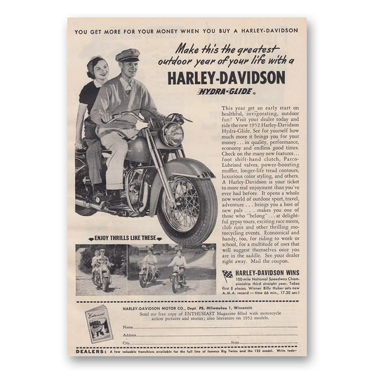 1952 Harley Davidson Hydra Glide Greatest Outdoor Year of Your Life Vintage Magazine Print Ad