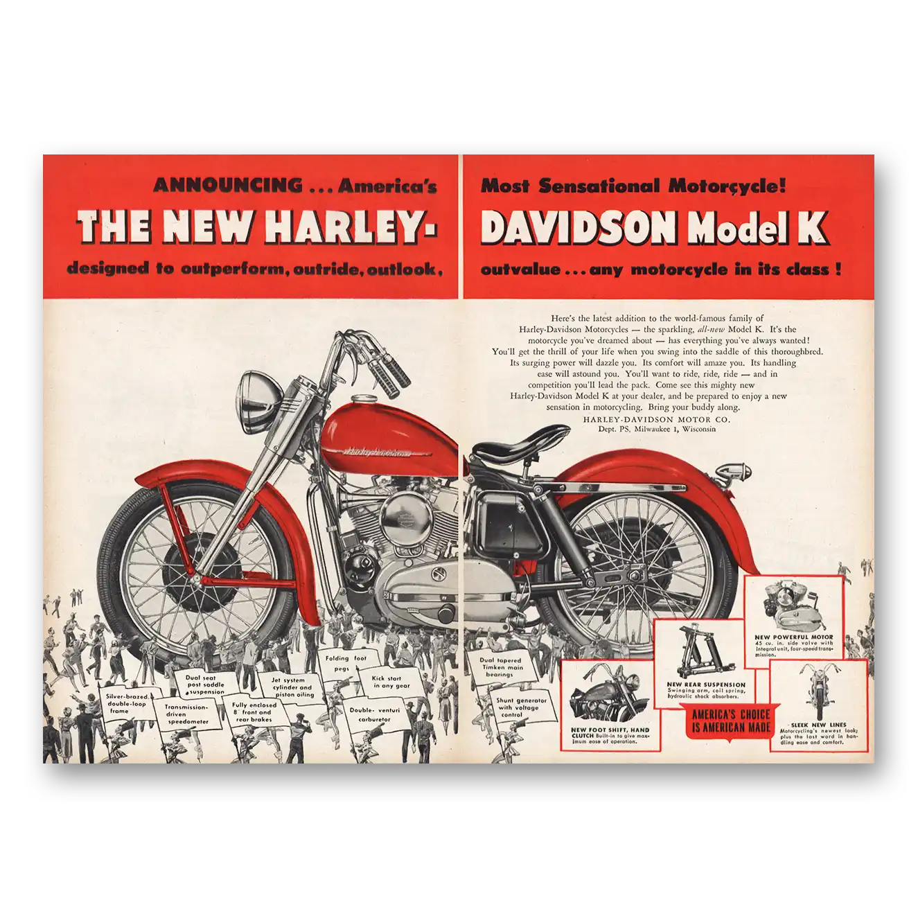 1952 Harley Davidson Model K Outperform Outride Vintage Magazine Print Ad