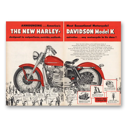 1952 Harley Davidson Model K Outperform Outride Vintage Magazine Print Ad