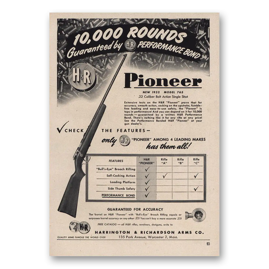 1952 Harrington & Richardson Arms Pioneer 10000 Rounds Vintage Magazine Print Ad