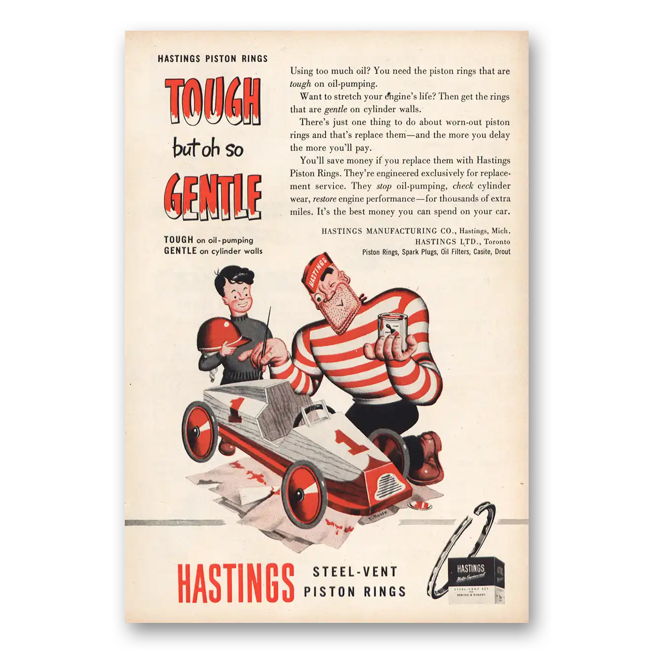 1952 Hastings Piston Rings Tough But Oh So Gentle Vintage Magazine Print Ad