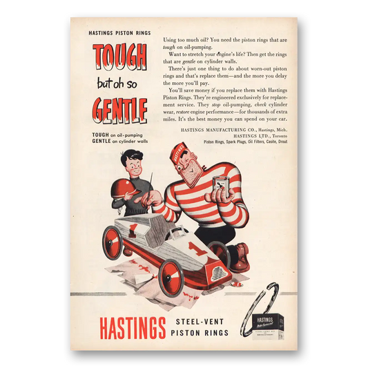 1952 Hastings Piston Rings Tough But Oh So Gentle Vintage Magazine Print Ad