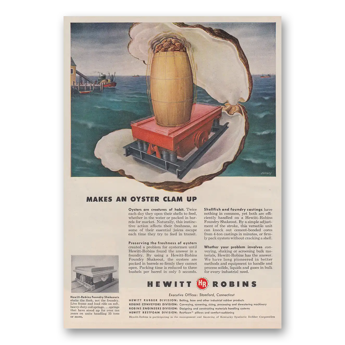 1952 Hewitt Robins Makes An Oyster Clam Up Vintage Magazine Print Ad