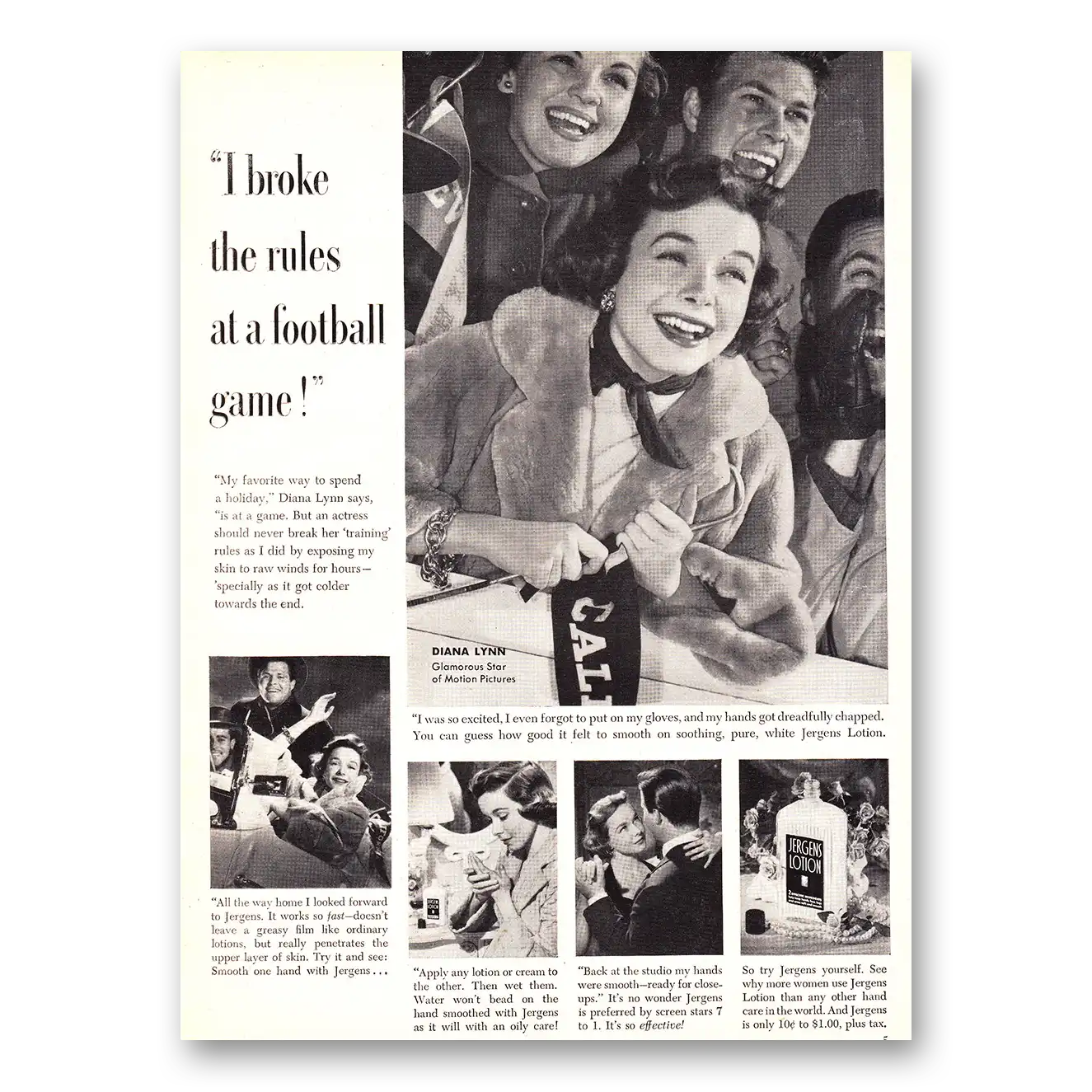 1952 Jergens Lotion Diana Lynn Football Game Vintage Magazine Print Ad