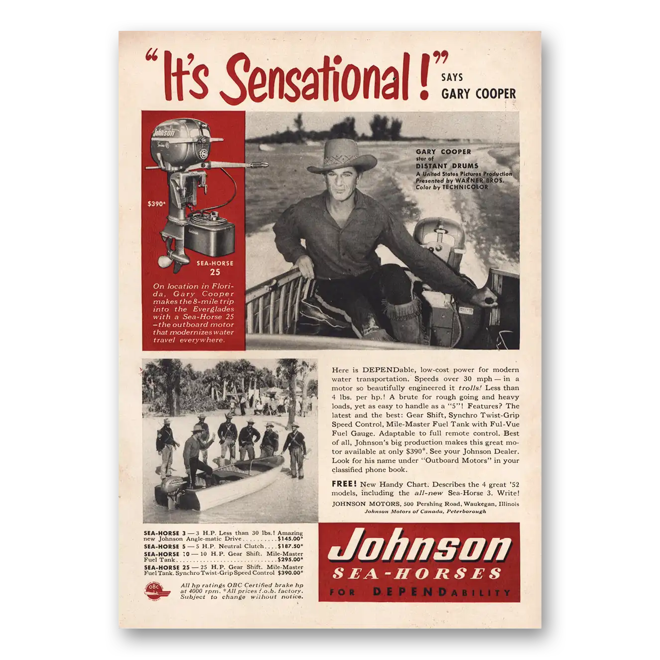 1952 Johnson Sea Horse Motors Gary Cooper Vintage Magazine Print Ad