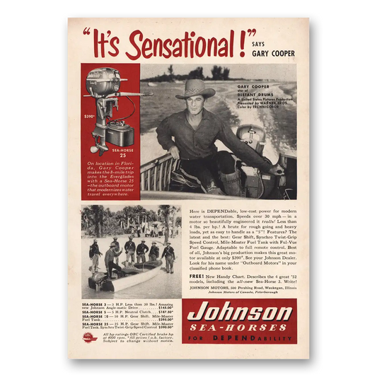 1952 Johnson Sea Horse Motors Gary Cooper Vintage Magazine Print Ad