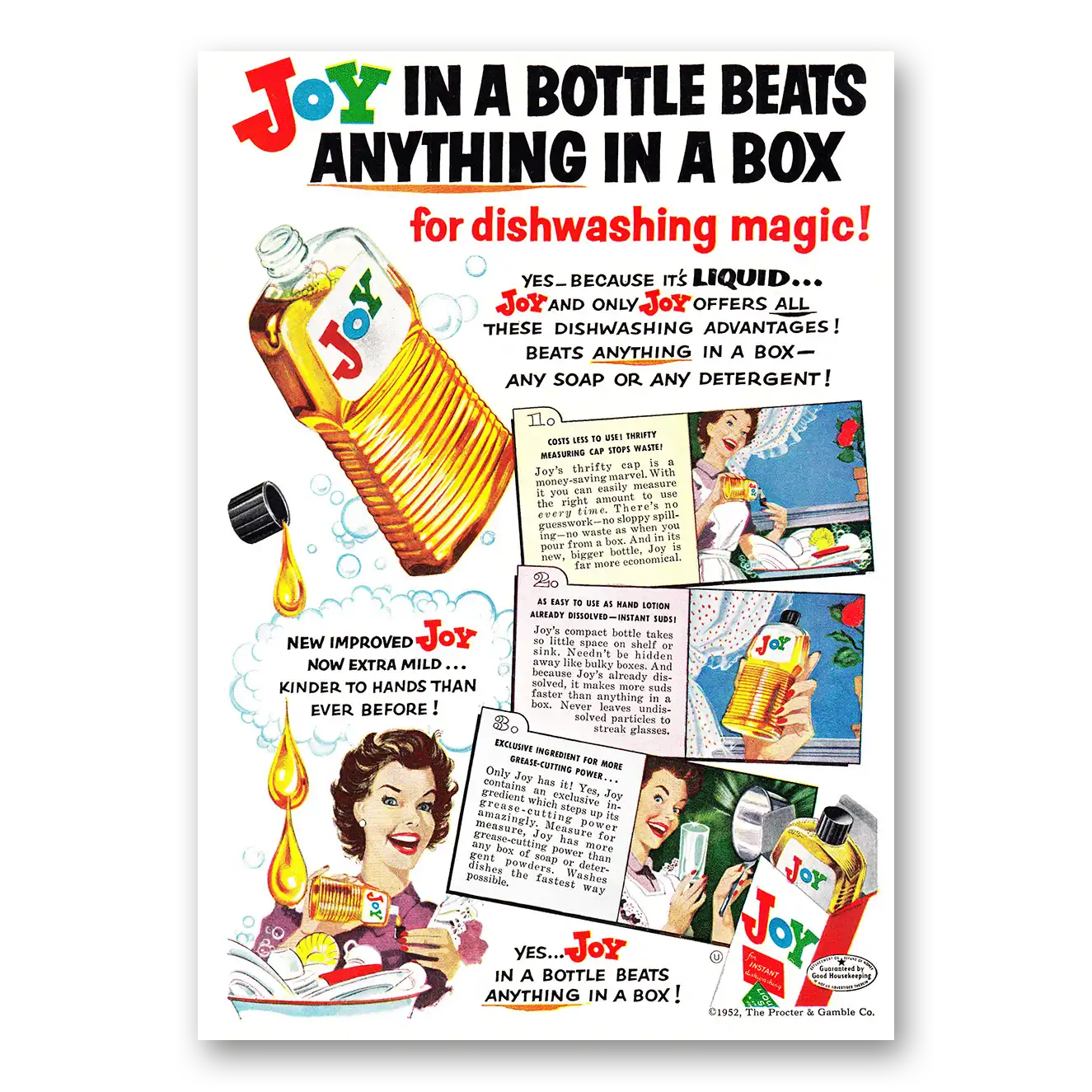 1952 Joy Liquid Soap Joy In a Bottle Beats Anything in a Box Vintage Magazine Print Ad