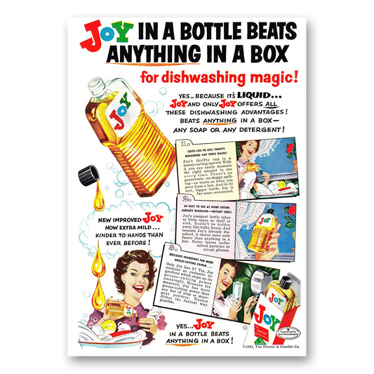 1952 Joy Liquid Soap Joy In a Bottle Beats Anything in a Box Vintage Magazine Print Ad