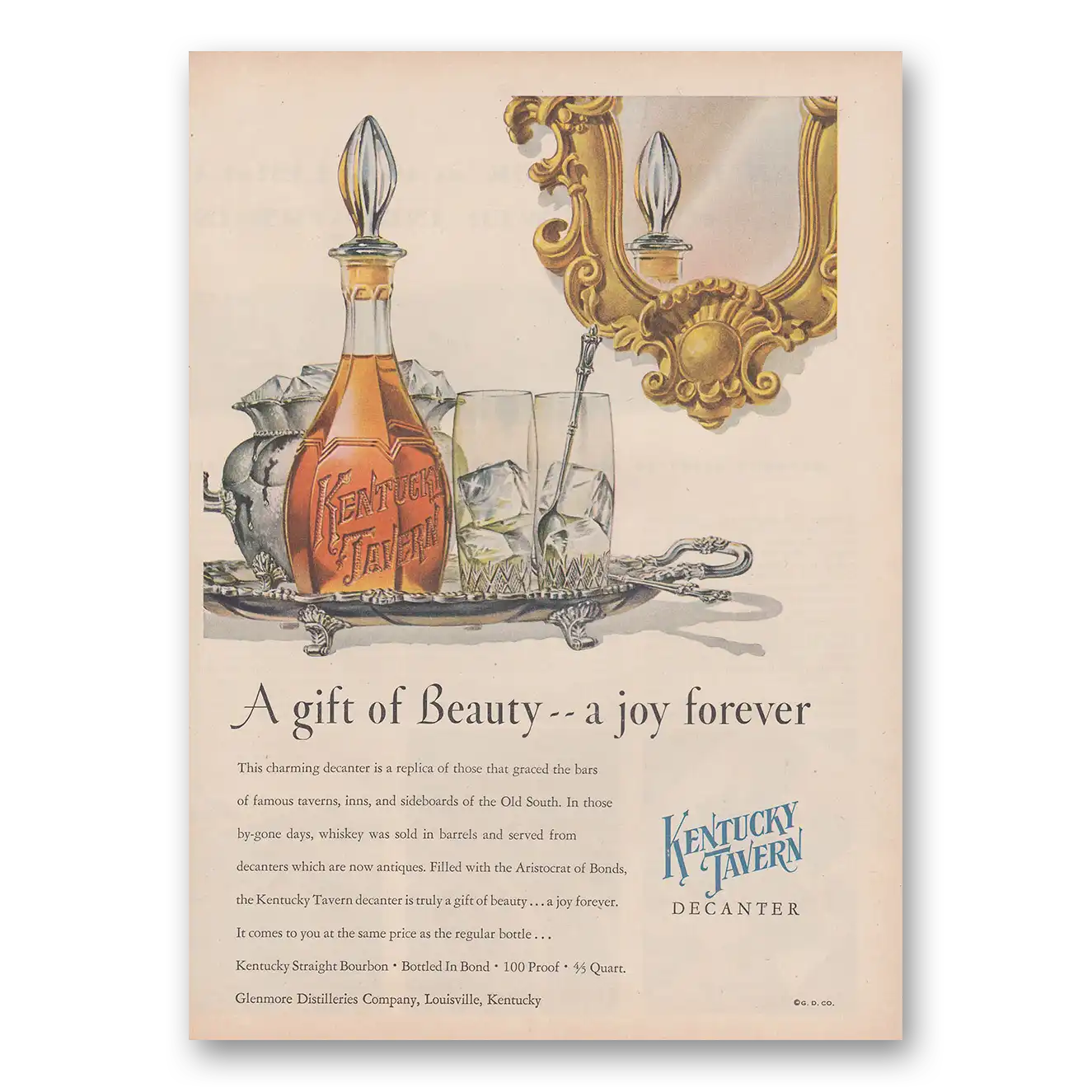 1952 Kentucky Tavern Whiskey Gift of Beauty A Joy Forever Vintage Magazine Print Ad