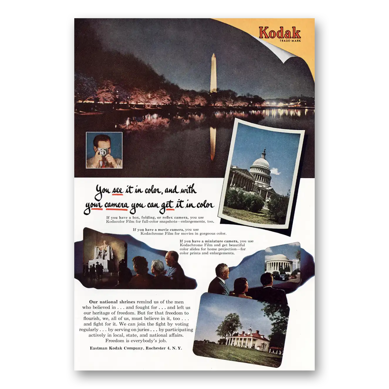 1952 Kodak Film You See It In Color Washington Monument Vintage Magazine Print Ad