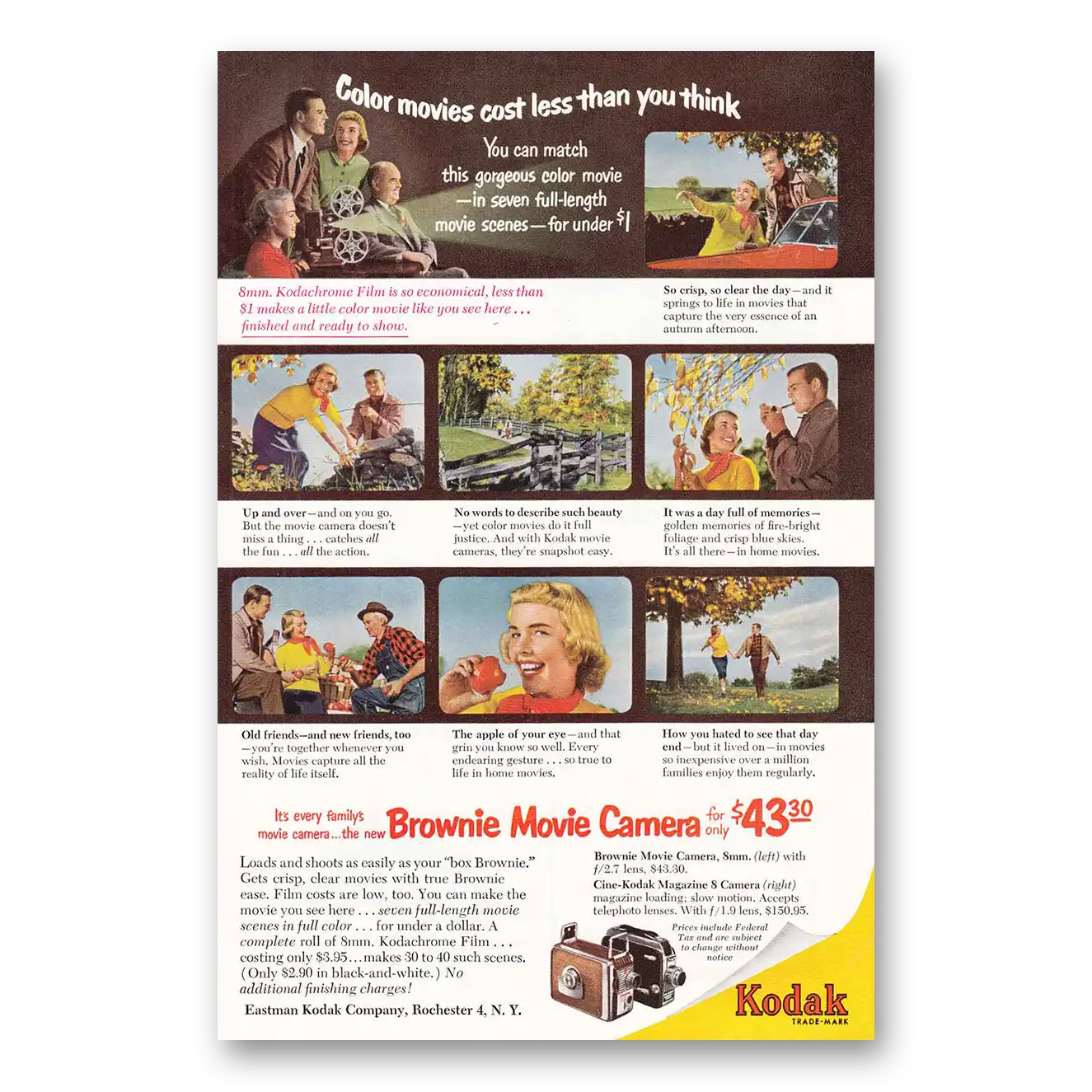 1952 Kodak Brownie Camera Color Movies Cost Less Than You Think Vintage Magazine Print Ad