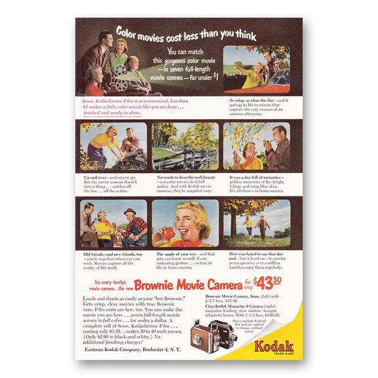 1952 Kodak Brownie Camera Color Movies Cost Less Than You Think Vintage Magazine Print Ad