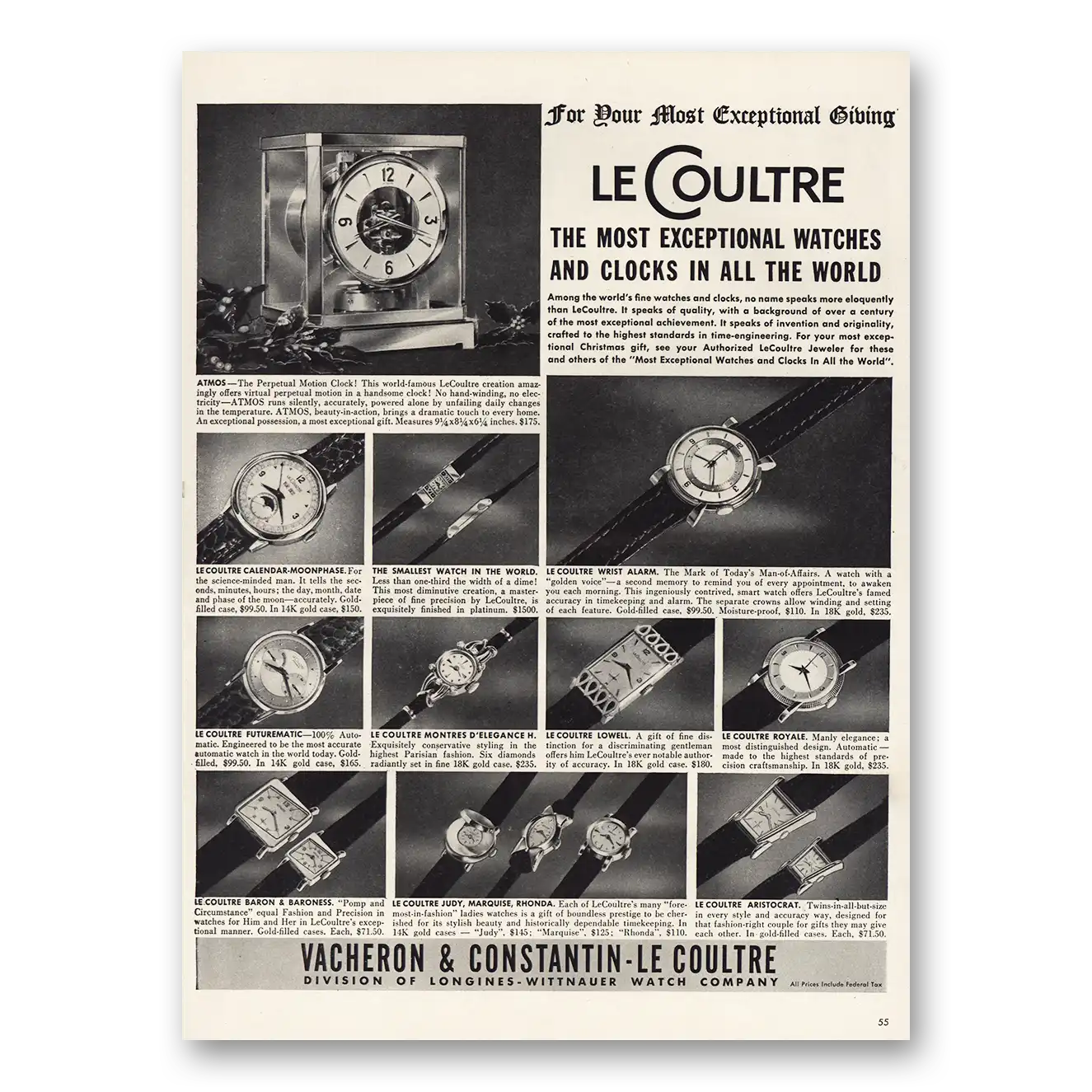1952 LeCoultre Watches Most Exceptional Vintage Magazine Print Ad