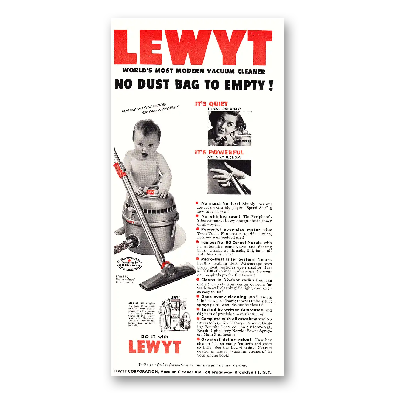 1952 Lewyt Vacuum Cleaner No Dust Bag Vintage Magazine Print Ad