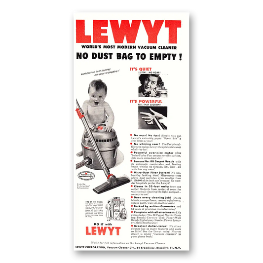 1952 Lewyt Vacuum Cleaner No Dust Bag Vintage Magazine Print Ad