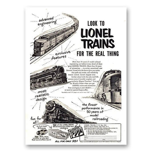 1952 Lionel Trains Look to Lionel Trains for the Real Thing Vintage Magazine Print Ad