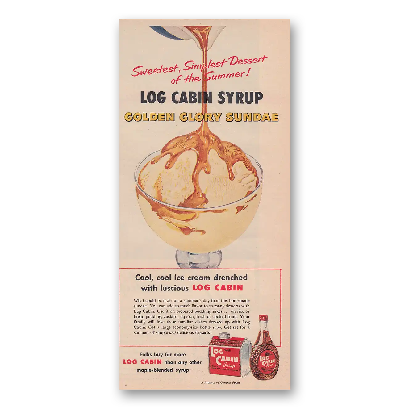 1952 Log Cabin Syrup Golden Glory Sundae Vintage Magazine Print Ad