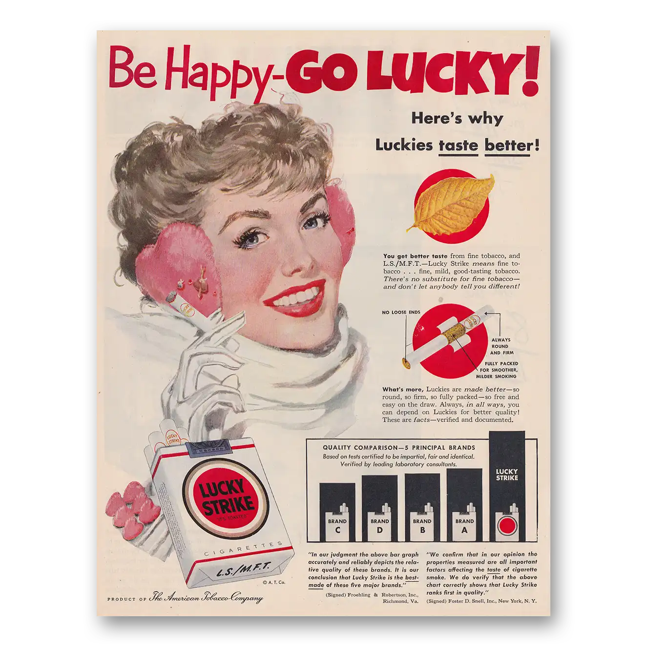 1952 Lucky Strike Cigarettes Be Happy Go Lucky Ear Muffs Vintage Magazine Print Ad