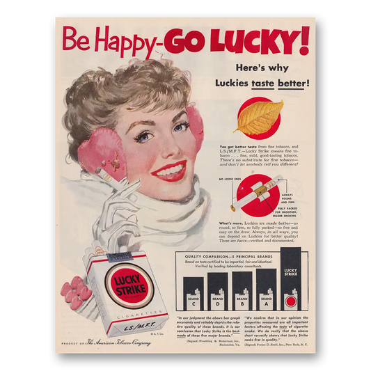 1952 Lucky Strike Cigarettes Be Happy Go Lucky Ear Muffs Vintage Magazine Print Ad