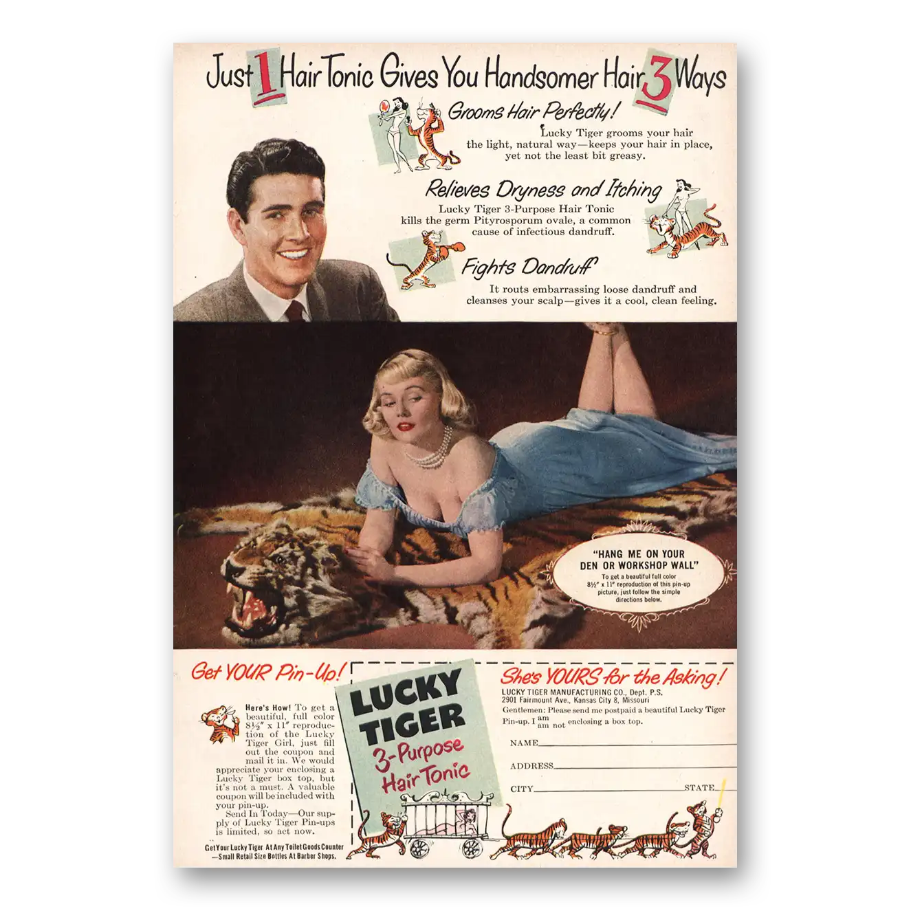 1952 Lucky Tiger Hair Tonic Pin Up Vintage Magazine Print Ad