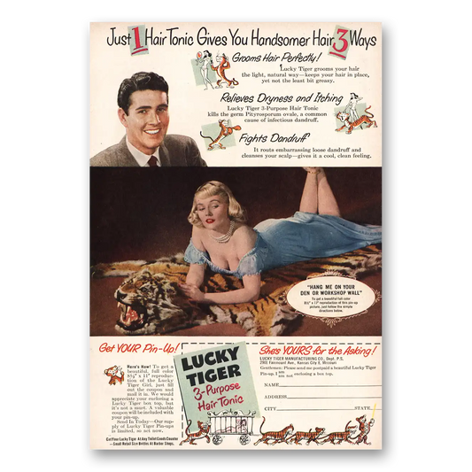 1952 Lucky Tiger Hair Tonic Pin Up Vintage Magazine Print Ad