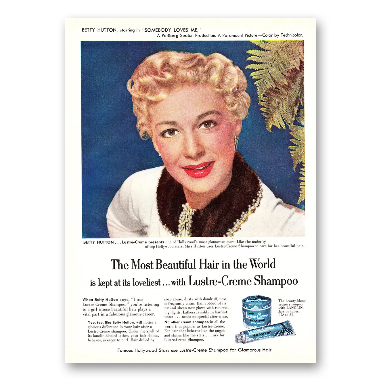 1952 Lustre Creme Shampoo Most Beautiful Hair Betty Hutton Vintage Magazine Print Ad