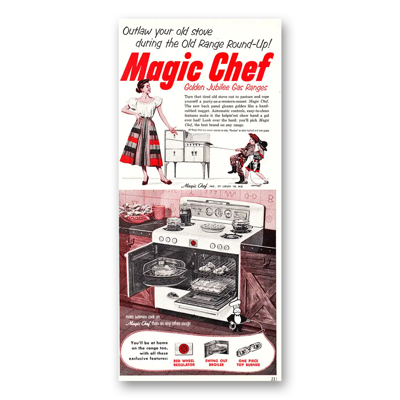 1952 Magic Chef Gas Ranges Golden Jubilee Gas Range Outlaw Vintage Magazine Print Ad