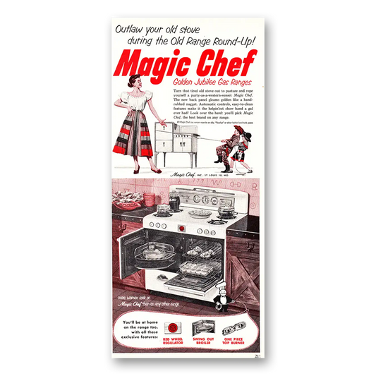 1952 Magic Chef Gas Ranges Golden Jubilee Gas Range Outlaw Vintage Magazine Print Ad