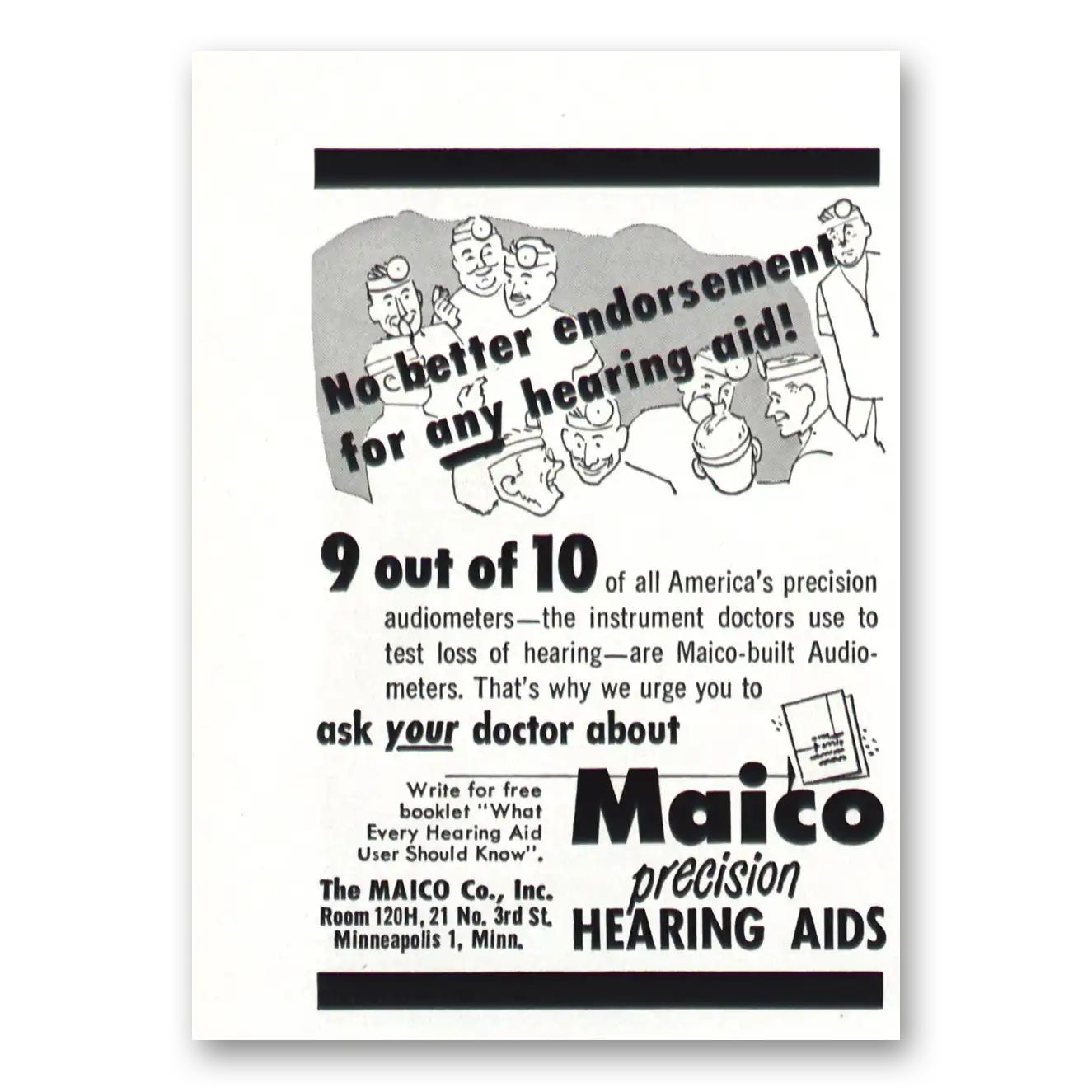 1952 Maico Hearing Aid No Better Endorsement Vintage Magazine Print Ad