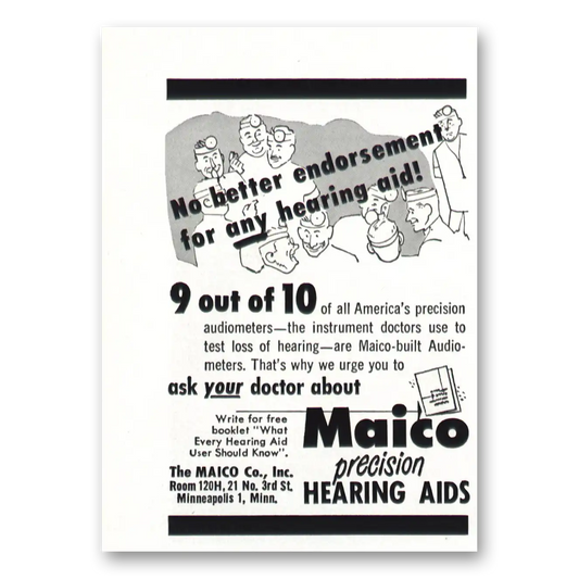 1952 Maico Hearing Aid No Better Endorsement Vintage Magazine Print Ad