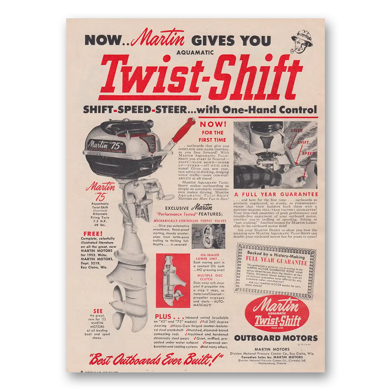 1952 Martin Outboard Motors Twist Shift Vintage Magazine Print Ad