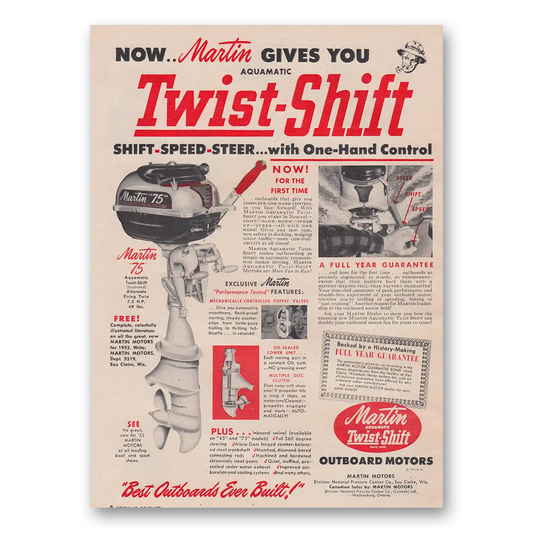 1952 Martin Outboard Motors Twist Shift Vintage Magazine Print Ad