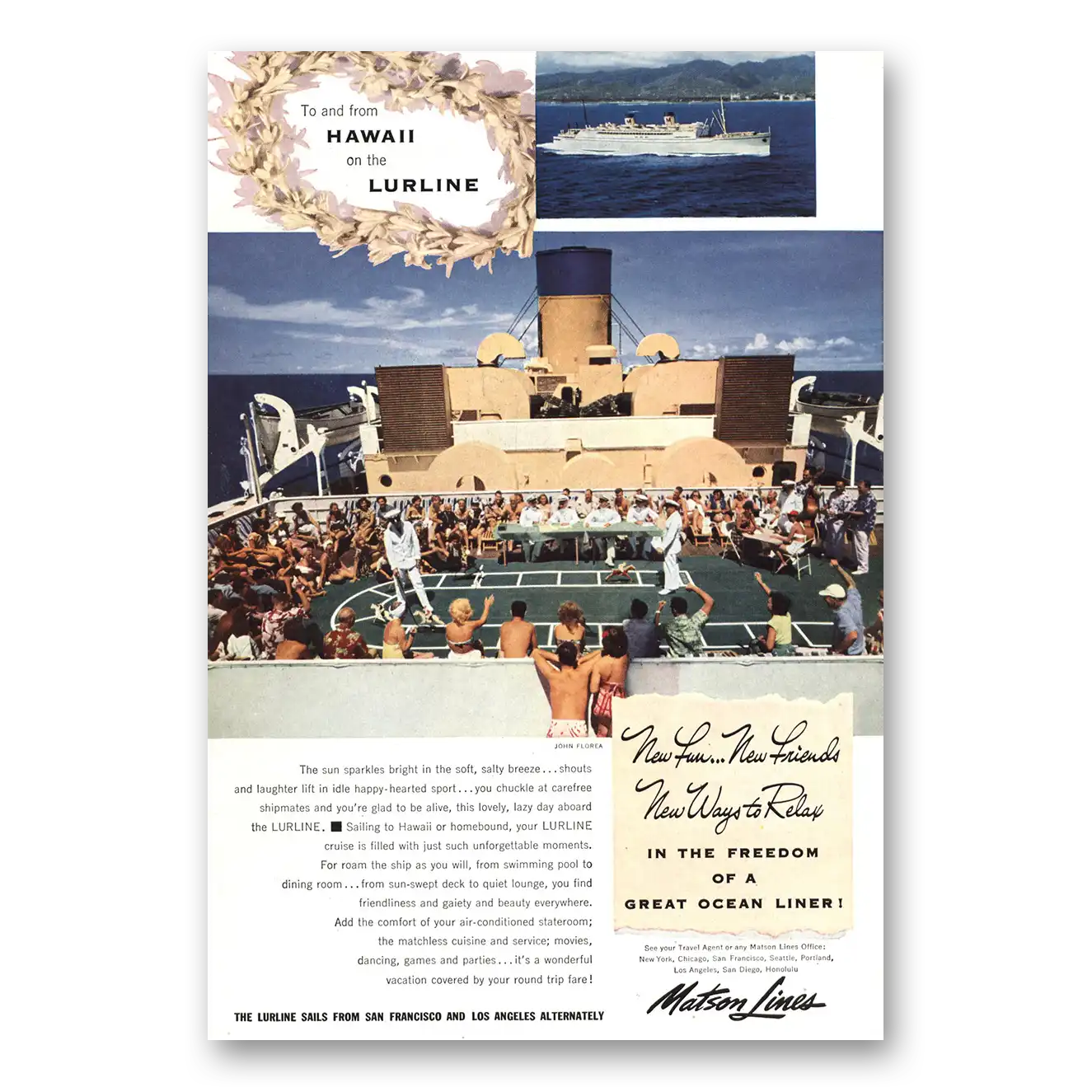 1952 Matson Line Lurline Great Ocean Liner Vintage Magazine Print Ad