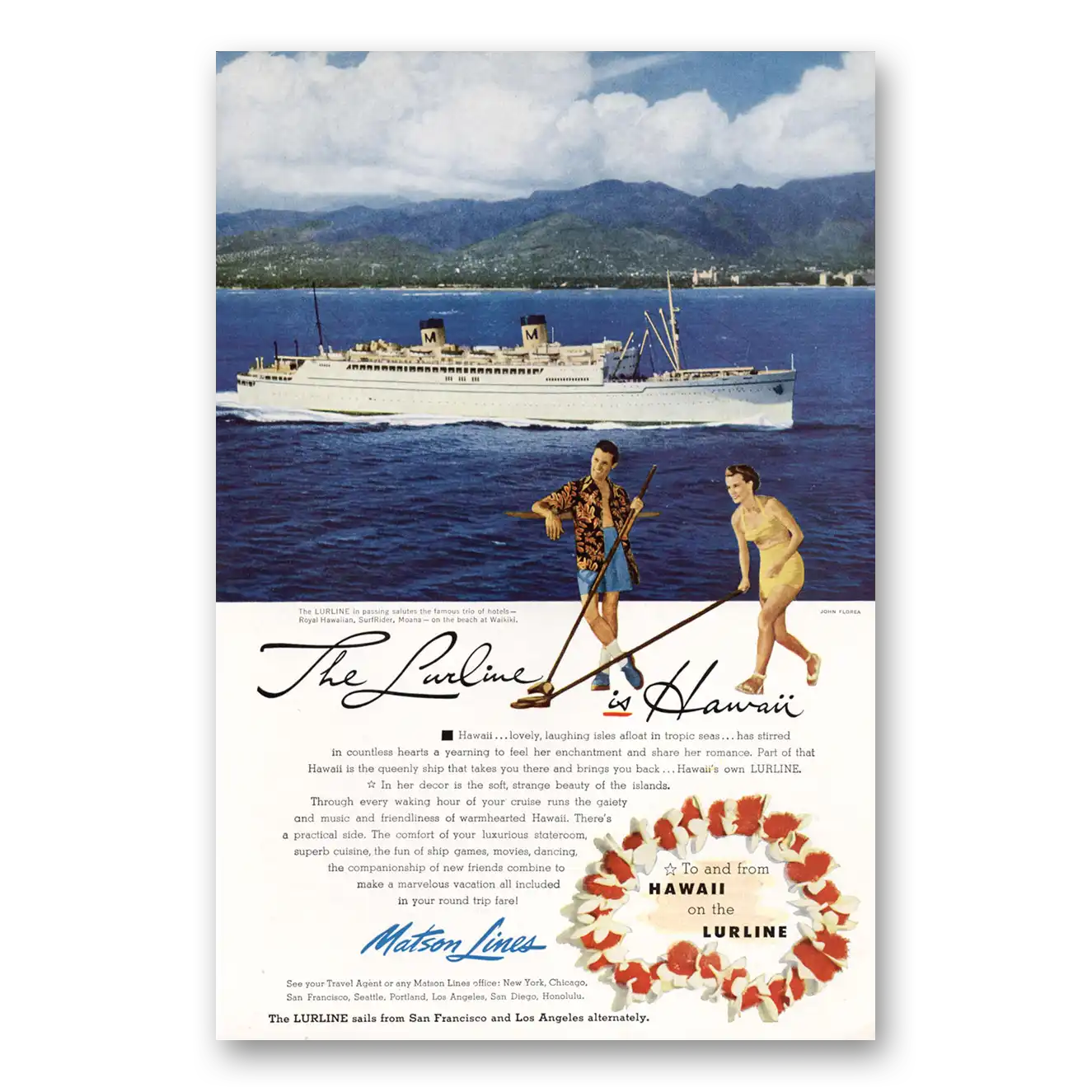 1952 Matson Line Lurline Is Hawaii Vintage Magazine Print Ad